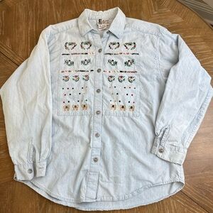 Vintage Embroidered Denim Jean Button-Up Shirt